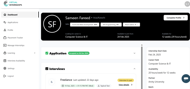 Intern dashboard